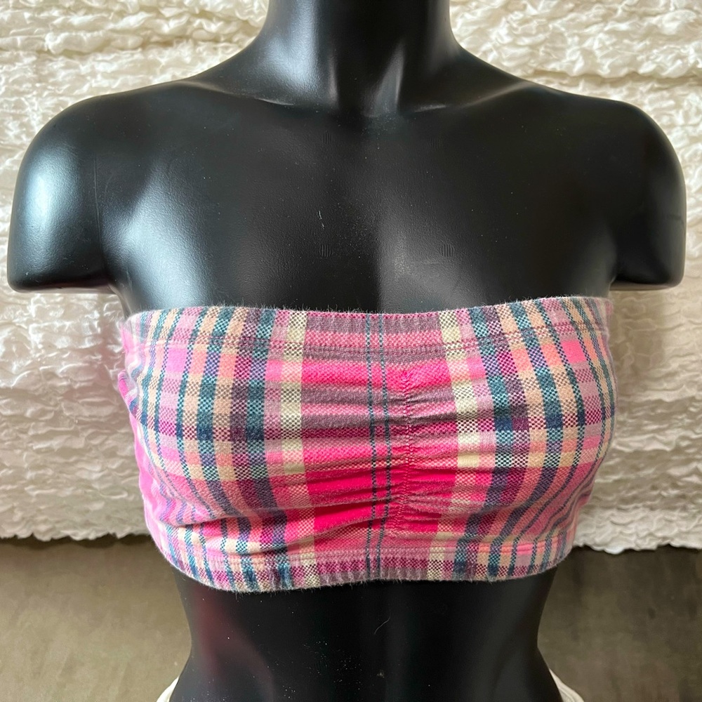 Lei bandeau top, size 38, pink plaid, always smoke-free. 95% cotton, 5% spandex